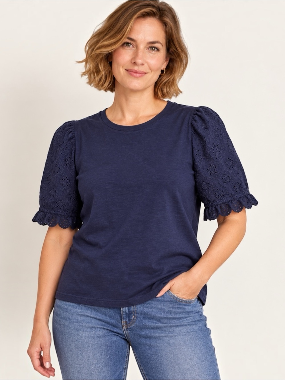 Boden Navy Linen Broderie Eyelet Puff Sleeve Top Women's 12